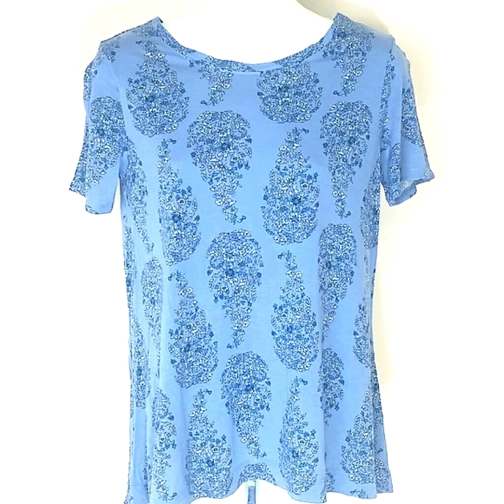 Preppy T-shirt tunic top short sleeve blue floral PAISLEY print